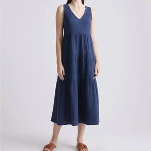 NWT 100% Organic Cotton Gauze Tiered Sleeveless Maxi Dress Indigo Navy Blue